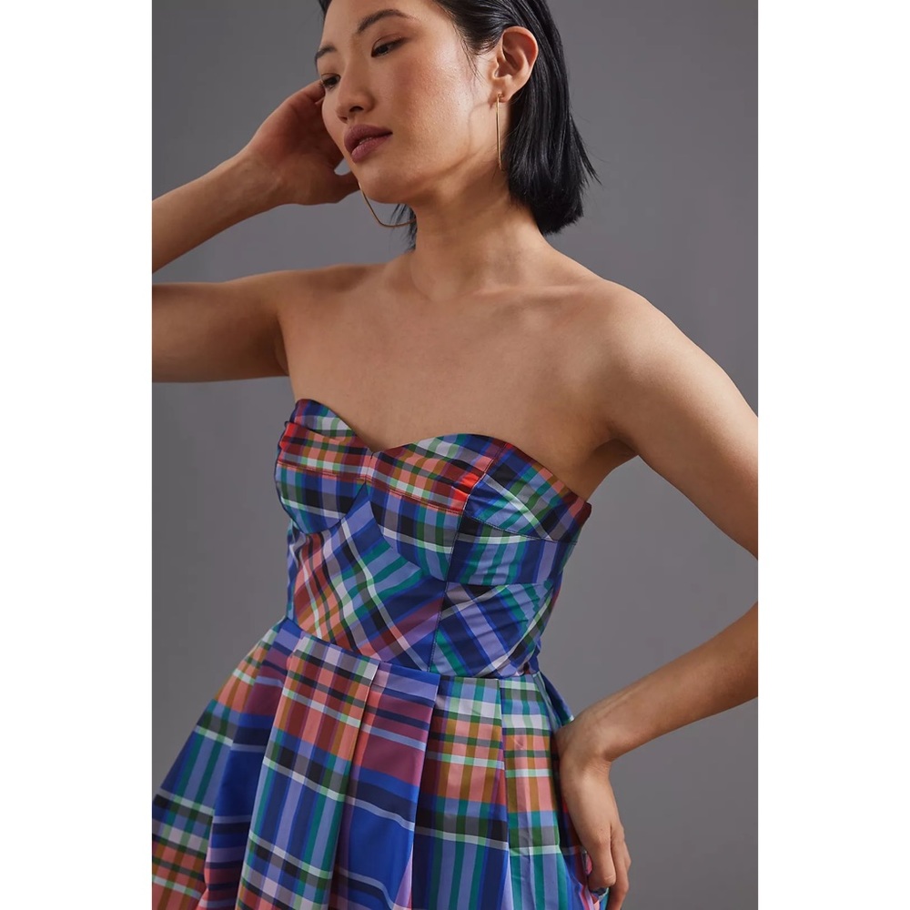 Anthropologie Maeve Plaid A-Line Silk Blend Mini Retro Dress - Picture 2 of 11